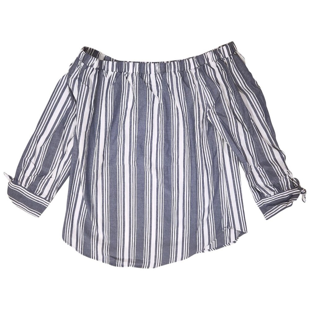 No Comment Striped Blue White Off The Shoulder Top Size Medium - Picture 2 of 6